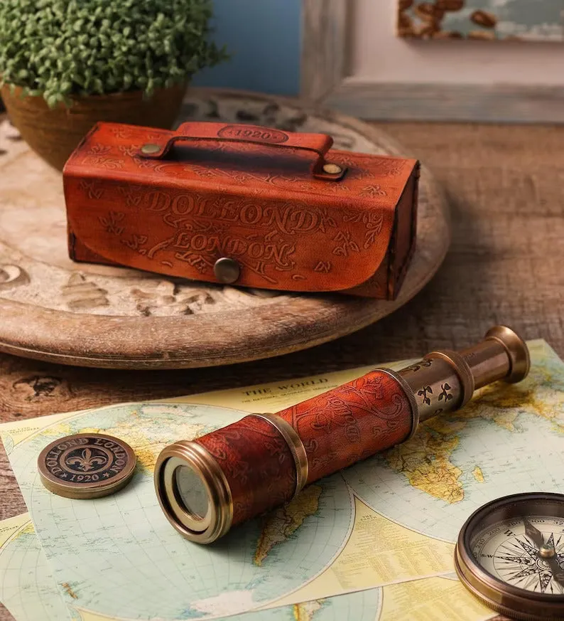 Authentic Nautical Vintage Brass & Leather Handheld Telescope: Ideal Pirate Spyglass, Sailor Gift, Perfect for Dad