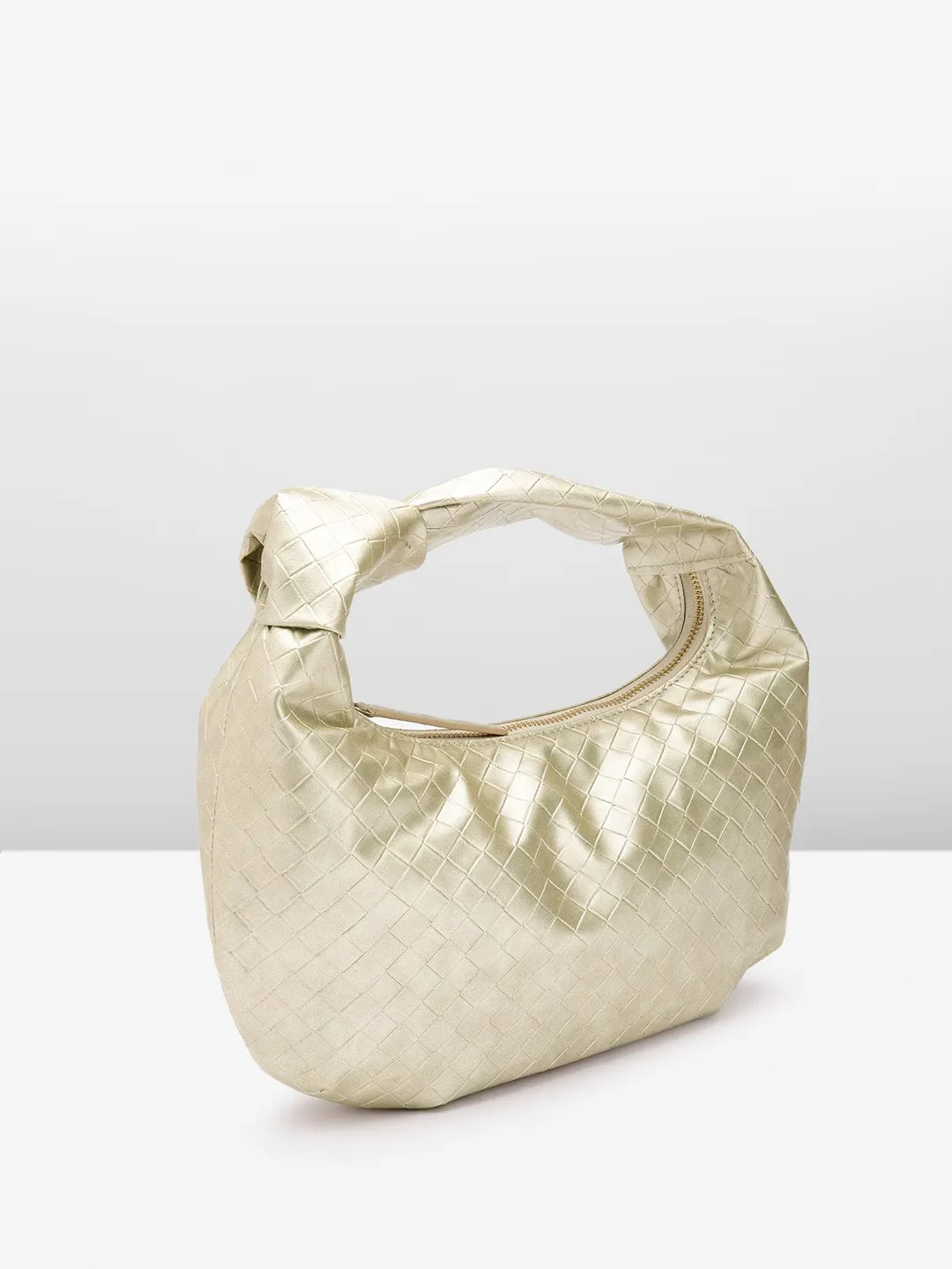 Berrylush Women Gold Textured Pattern Half Moon One Handle Knotted Regular Handheld Bag
