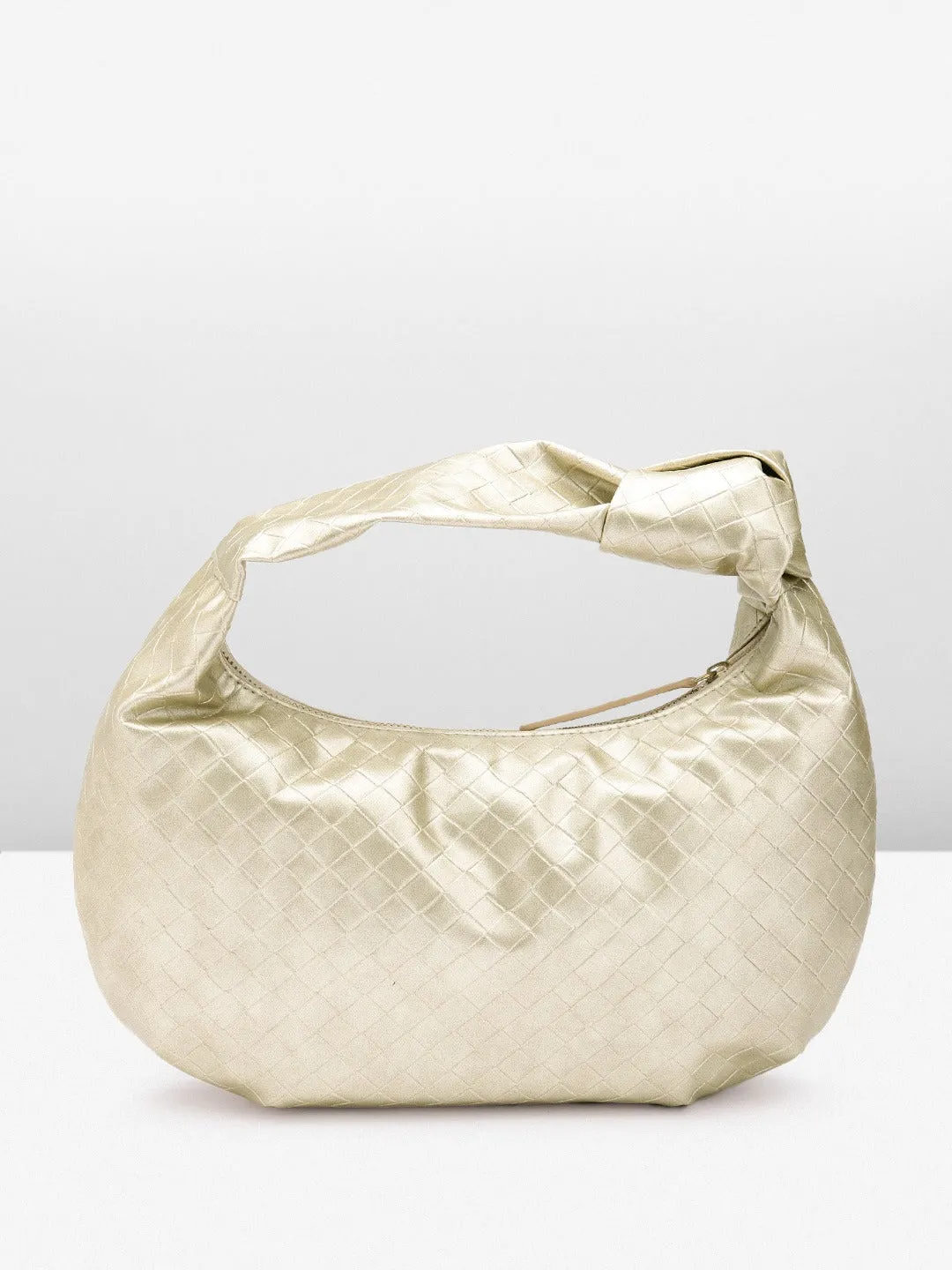 Berrylush Women Gold Textured Pattern Half Moon One Handle Knotted Regular Handheld Bag