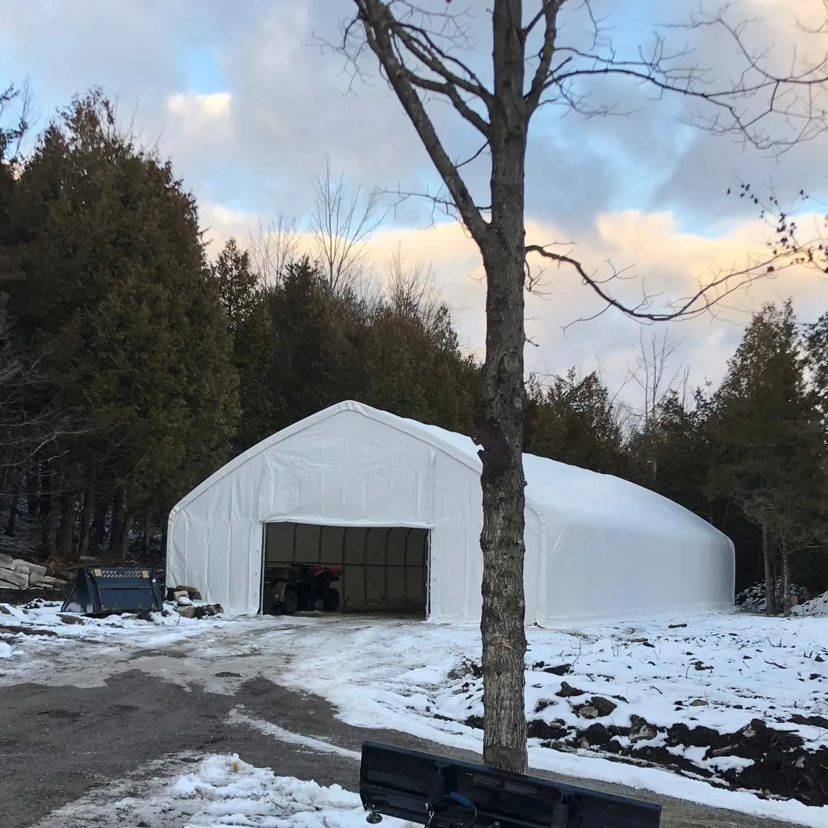TMG Industrial 30' x 50' Straight Wall Peak Ceiling Storage Shelter with Heavy Duty 11 oz PE Cover & Drive Through Doors, TMG-ST3050E(Previously ST3050)